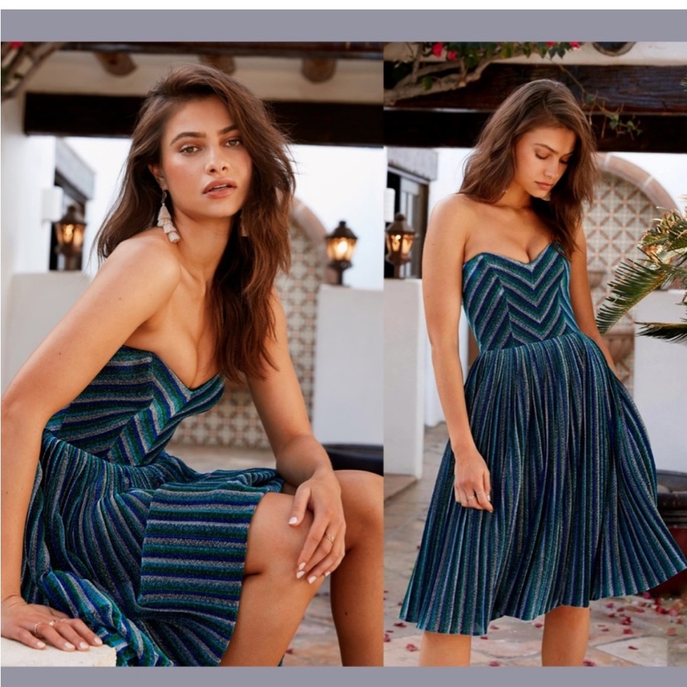 Dress the population Rosalie Metallic Stripe Strapless Cocktail Dress